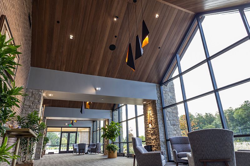 Vaulted lobby and lounge inside Prairie Waters Event Center