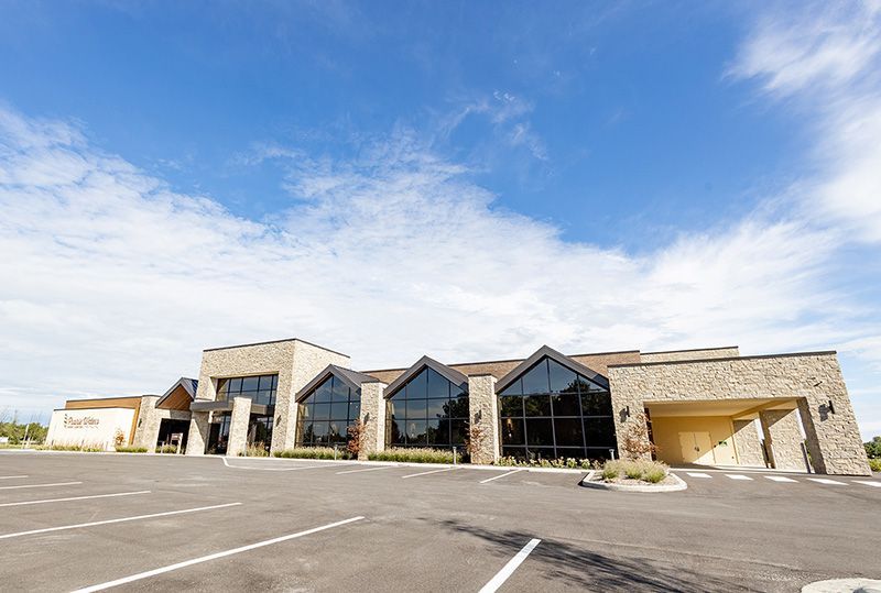Prairie Waters Event Center exterior with on-site parking